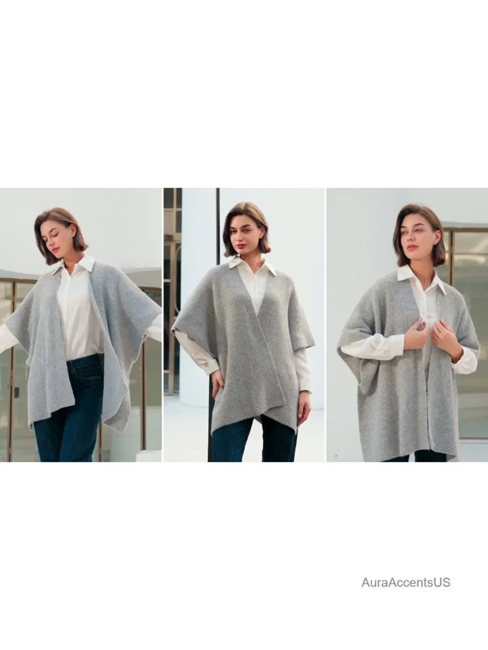 Open Front Chunky Shawl Wrap Rib Knit Poncho Cape Winter